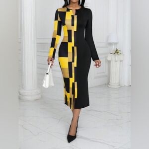 SHEIN Black & Yellow Geometric Midi Dress